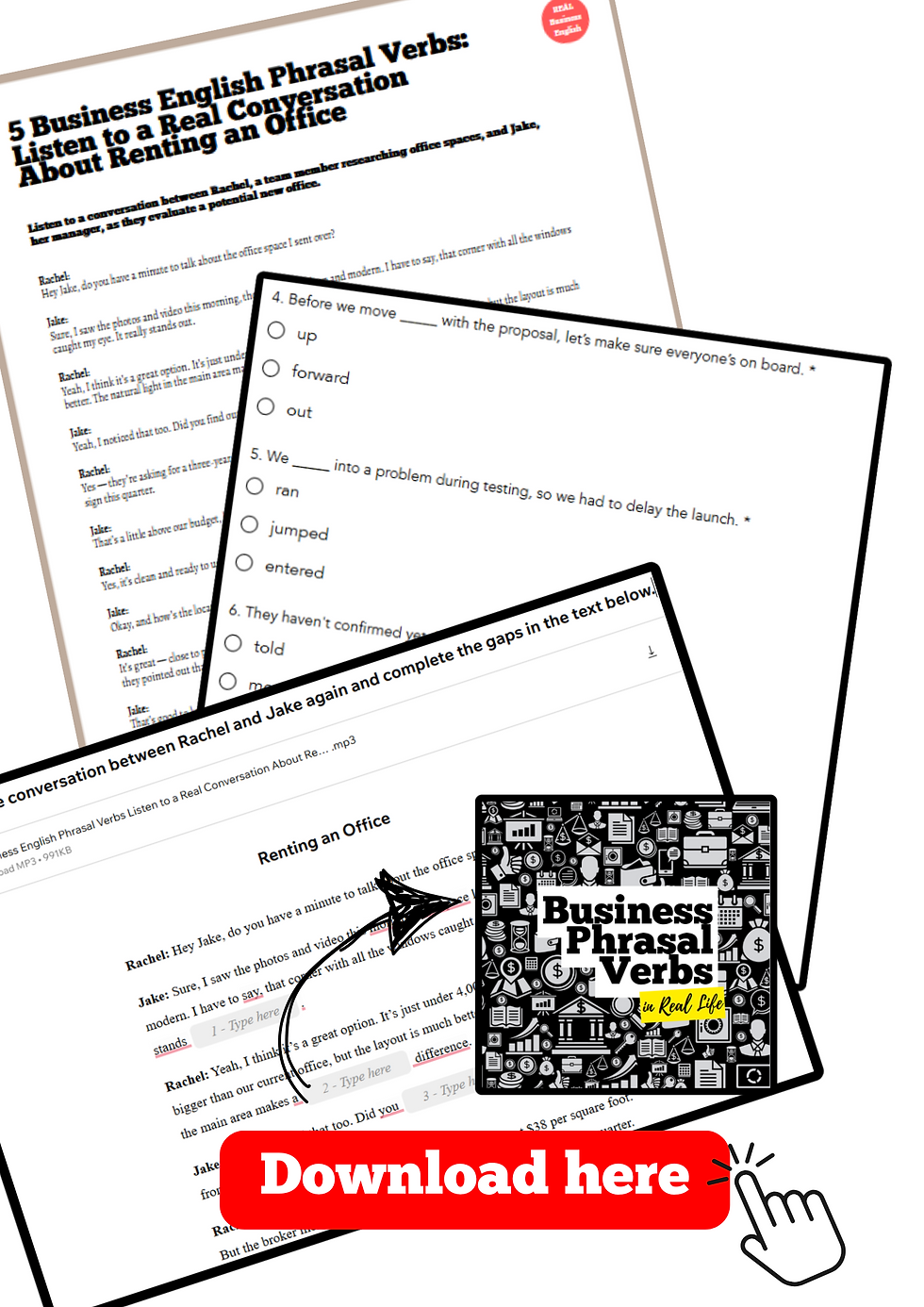 Business English lesson worksheets on phrasal verbs, featuring a conversation about renting an office. Red "Download here" button below.