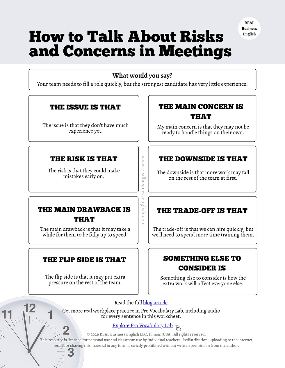 Business English phrases for talking about risks and concerns in meetings, including one issue is that, the main concern is that, the risk is that, and the trade-off is that