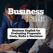 Business English lesson cover for evaluating proposals, with two professionals reviewing information together.