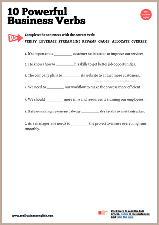 Business English communication, powerful business verbs, download PDF, worksheet, phrases for Business communication, phrases for business meetings, phrases for business presentations