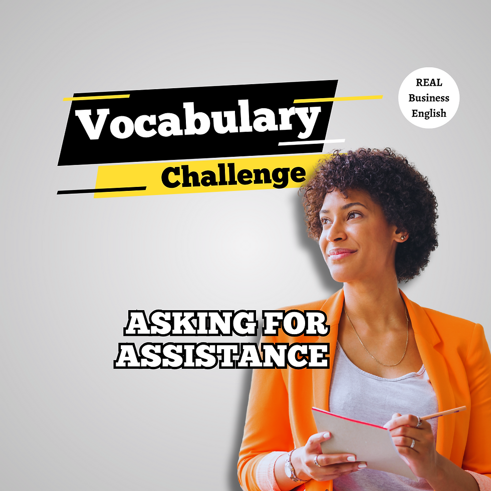 Business English vocabulary quiz, Business English vocabulary, Business English Vocabulary Challenge: Asking for Assistance. A professional woman in an orange blazer holding a notebook, representing workplace communication skills.