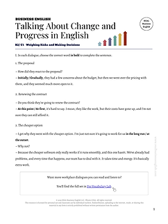 Business English PDF worksheet on talking about progress and change at work, with short workplace dialogues, multiple-choice word options, and answer explanations.