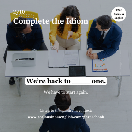 Business English idiom quiz card with the sentence We’re back to square one, showing a workplace meeting and an idiom about having to start again.