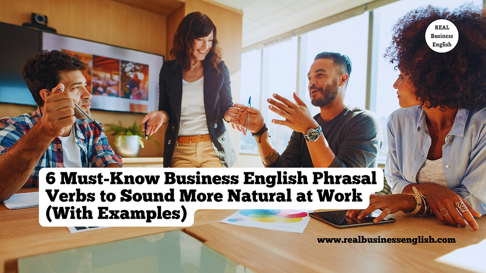 An image for the article on Business English Phrasal verbs. With examples, tasks, practice and a quiz. Business professionals discussing ideas in a meeting room, learning business English phrasal verbs to sound more natural at work.