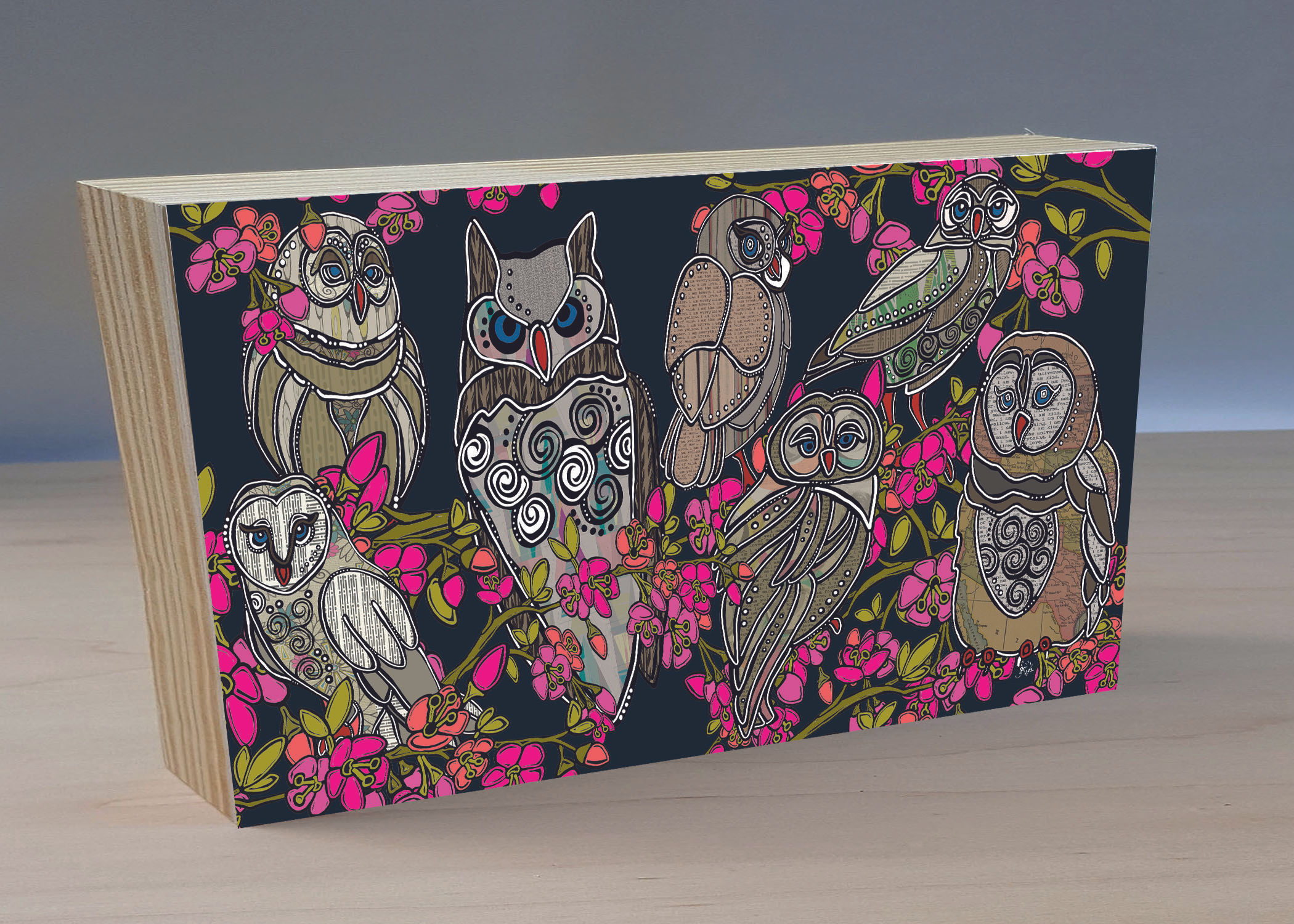 Owls in the Cherry Blossoms Wood Art Panel