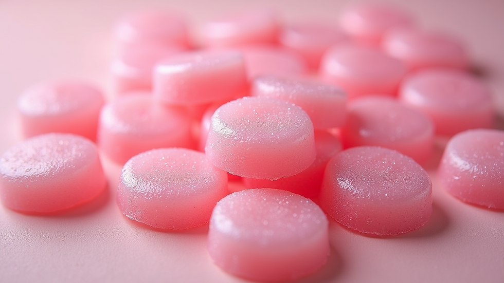 High angle view of bubble gum pieces showing small air bubbles inside