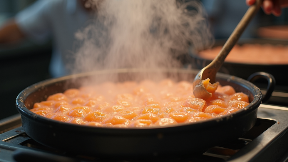 Close-up view of a candy cooker in operation