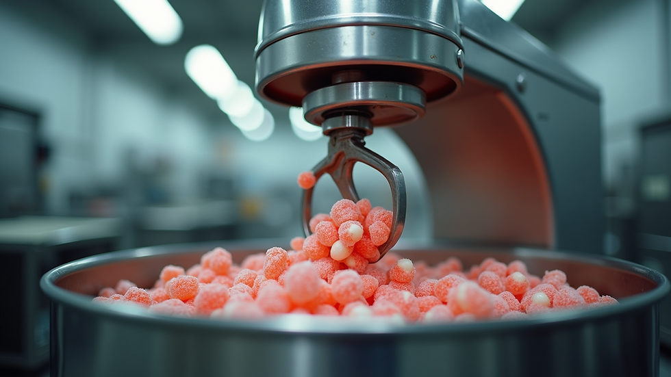 Eye-level view of an industrial mixer used in candy production