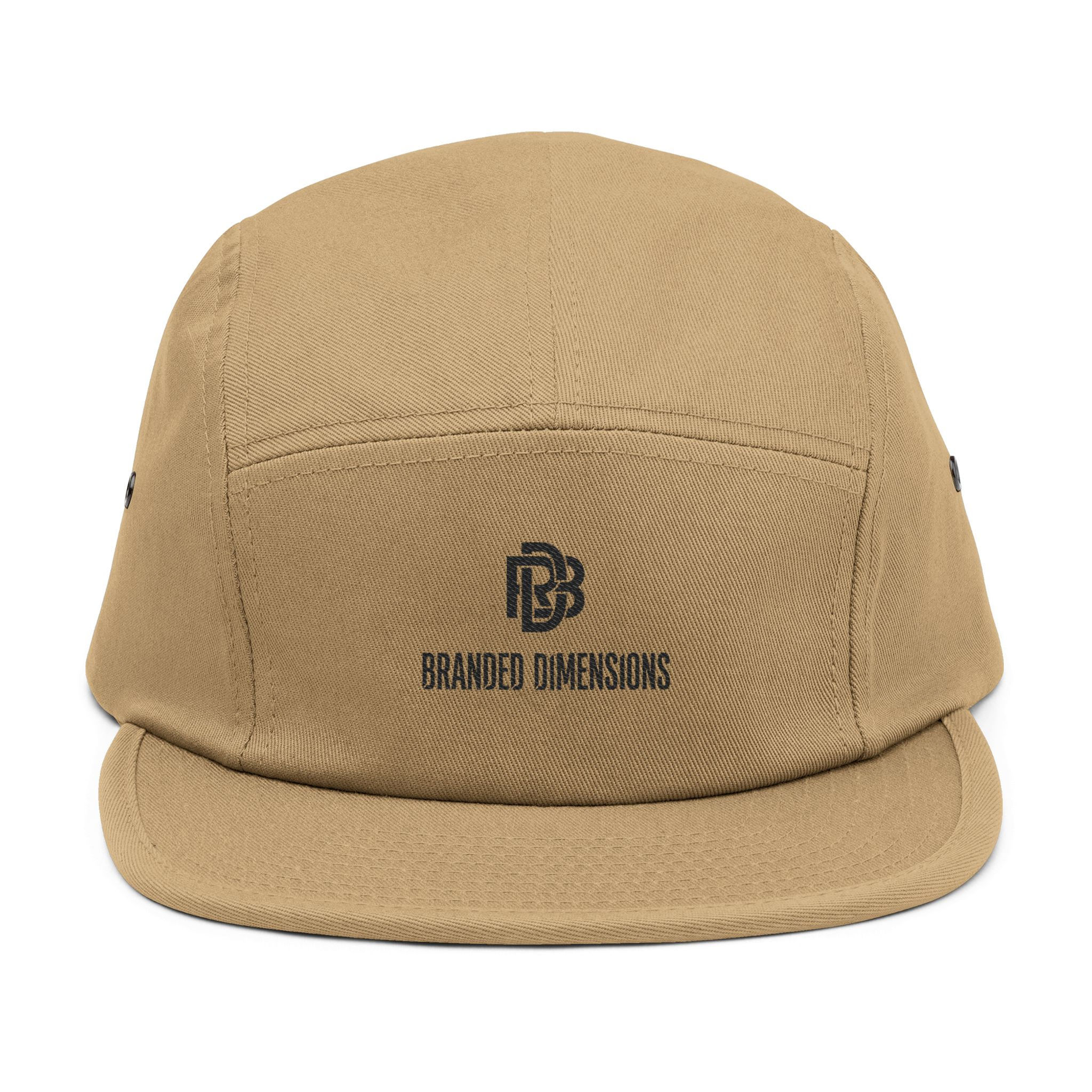 Embroidered 5-Panel Cap — Branded Dimensions Logo, Casual Khaki Adjustable Hat