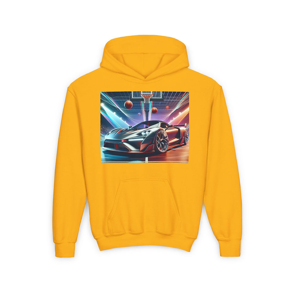 サムネイル： Youth Heavy Blend Hooded Sweatshirt - Sporty Car & Basketball Design