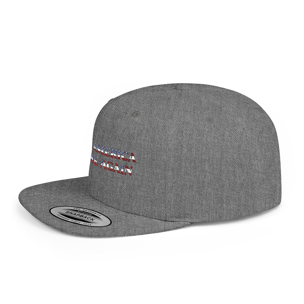 Thumbnail: Snapback Hat — Small American Flag Text Design (Patriotic Flat Bill Cap)