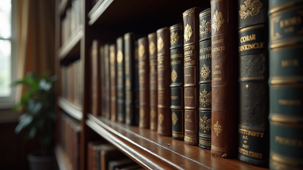 Eye-level view of a classic bookshelf filled with timeless literature