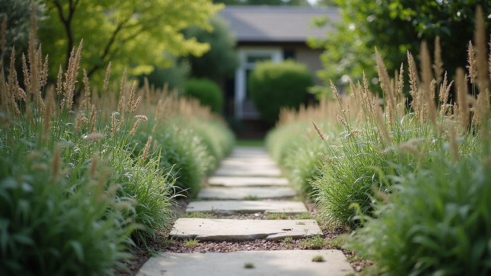 Eye-level view of a small garden with native plants and a stone pathway