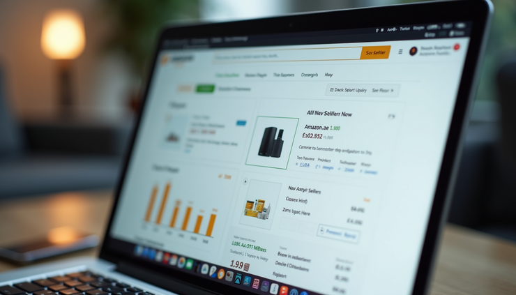 Eye-level view of a laptop screen showing Amazon.ae and Noon seller dashboards