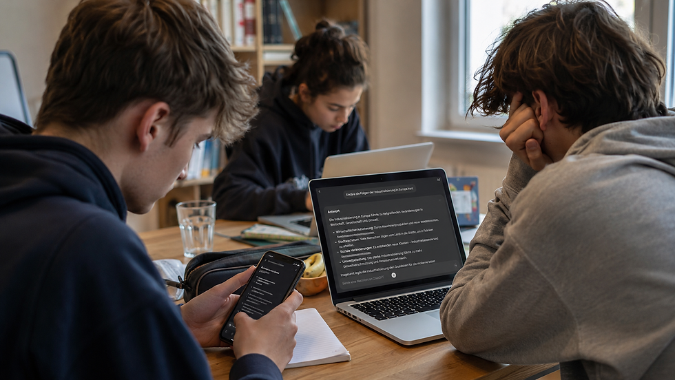 Drei Schüler lernen in der Bibliothek, arbeiten konzentriert an Laptops und Handy, Notizbuch auf dem Tisch, ruhiges Ambiente.