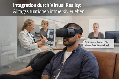 VR-gestütztes Integrationstraining: Eine Person durchläuft eine simulierte Arztpraxis-Szene, um Orientierung und Handlungssicherheit in Alltagssituationen zu gewinnen.