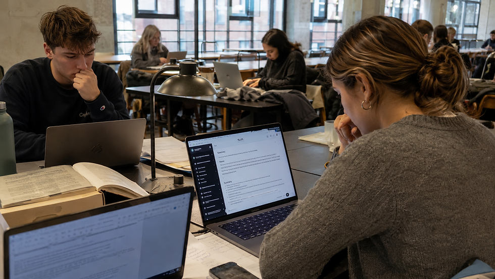 Studierende lernen konzentriert in einer Bibliothek. Mehrere Laptops, Bücher auf Tischen. Helles Tageslicht, ruhige Atmosphäre.
