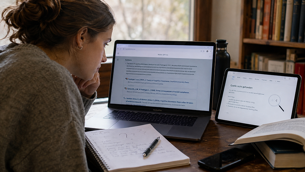 Frau studiert aufmerksam vor Laptop, Tablet zeigt Fehler 404. Notizen, Stift und Bücher auf Holzschreibtisch, Bücherregal im Hintergrund.