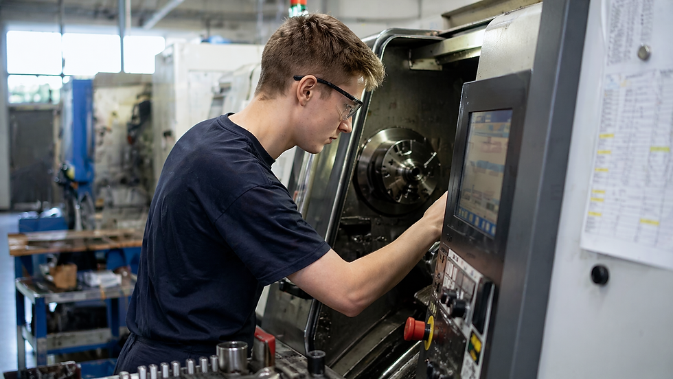 Junger Mann in Brille bedient Drehmaschine in Werkstatt. Er konzentriert sich auf die Arbeit. Maschinen und Notizen im Hintergrund.