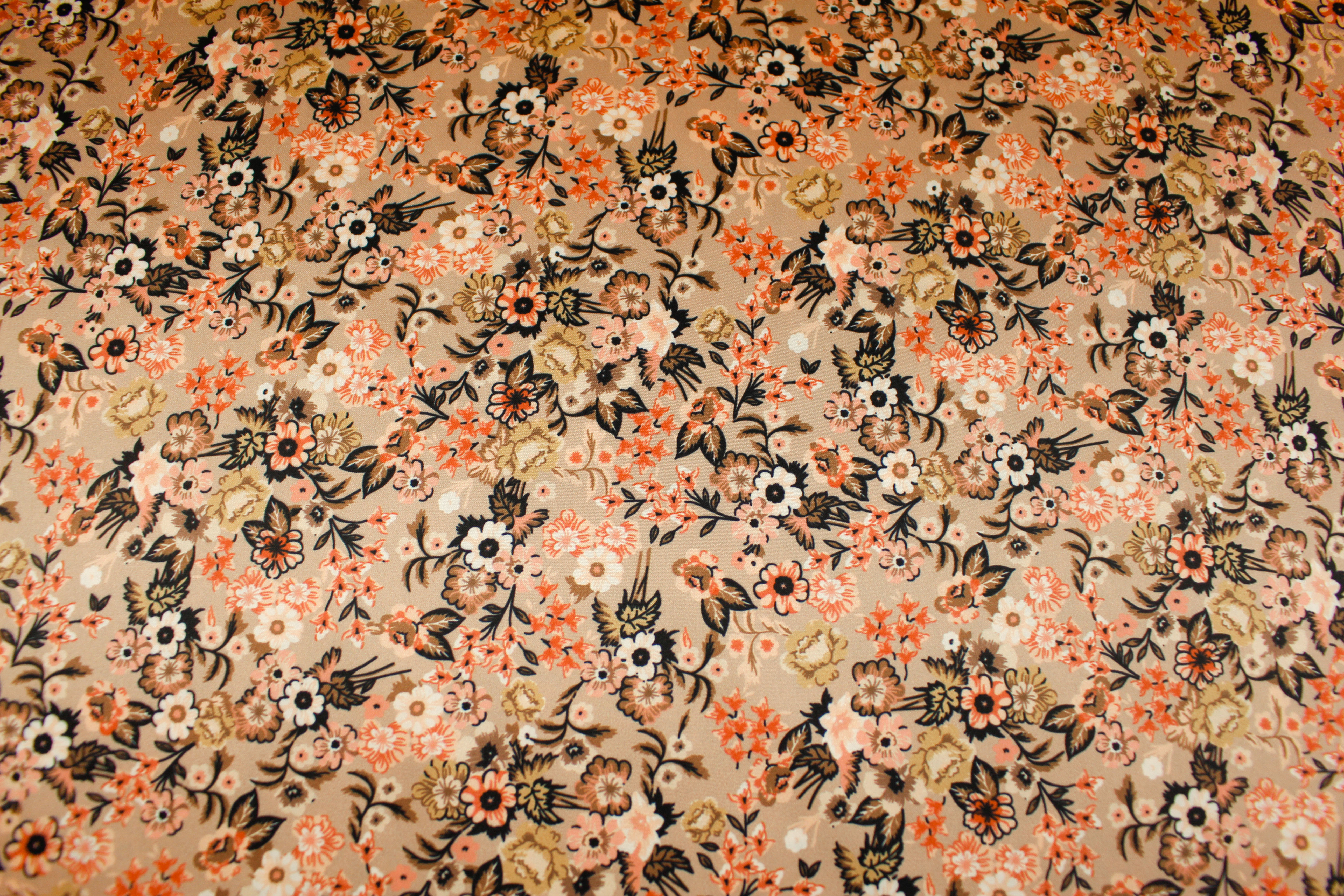 Polyester Webware, Blumen - orange, beige, khaki