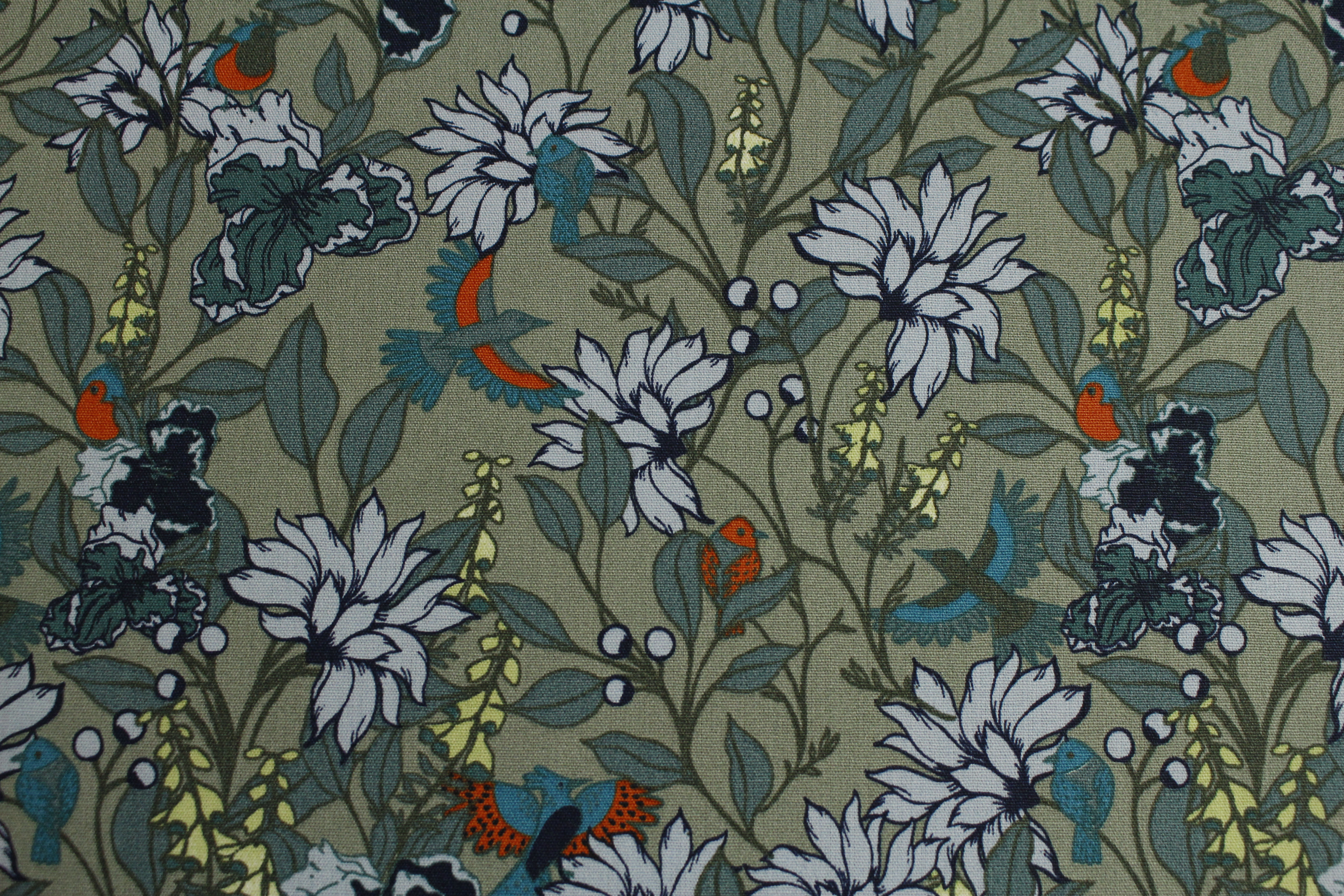 Baumwoll Popeline, Blumen & Vögel - olivgrün