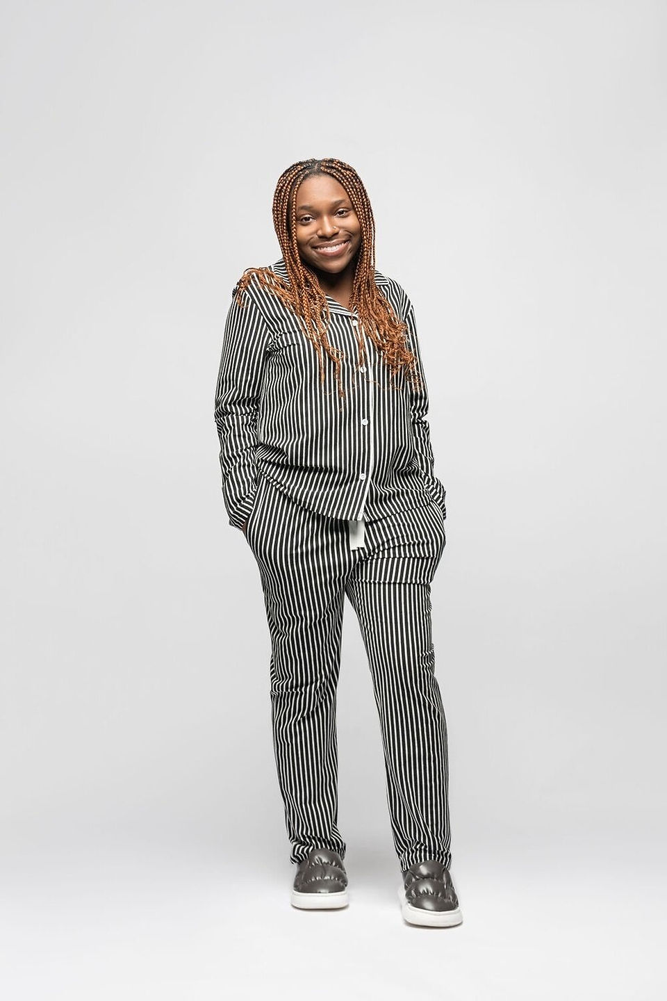 woman in black and white Striped Cotton Loungewear Set