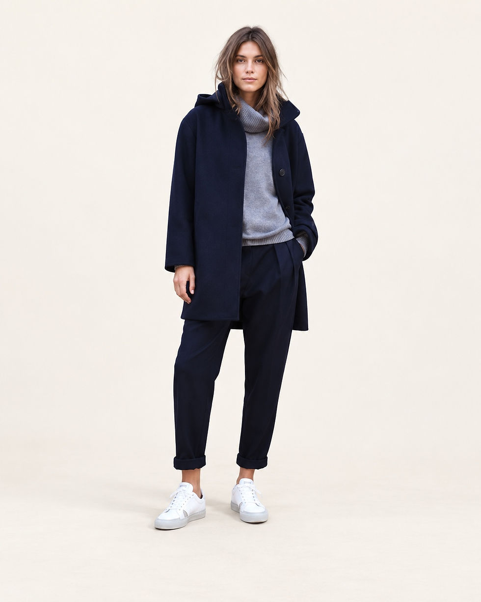Balibaris Anna wool and cashmere coat in dark navy, model view