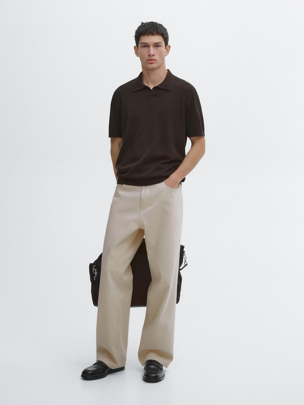 Massimo Dutti mocha brown V-neck knit polo on model, no buttons