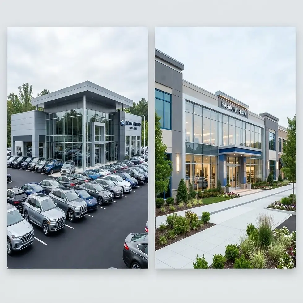 Architectural photography of a modern car dealership and a contemporary office building. Both structures display sleek lines and professional, updated commercial design.