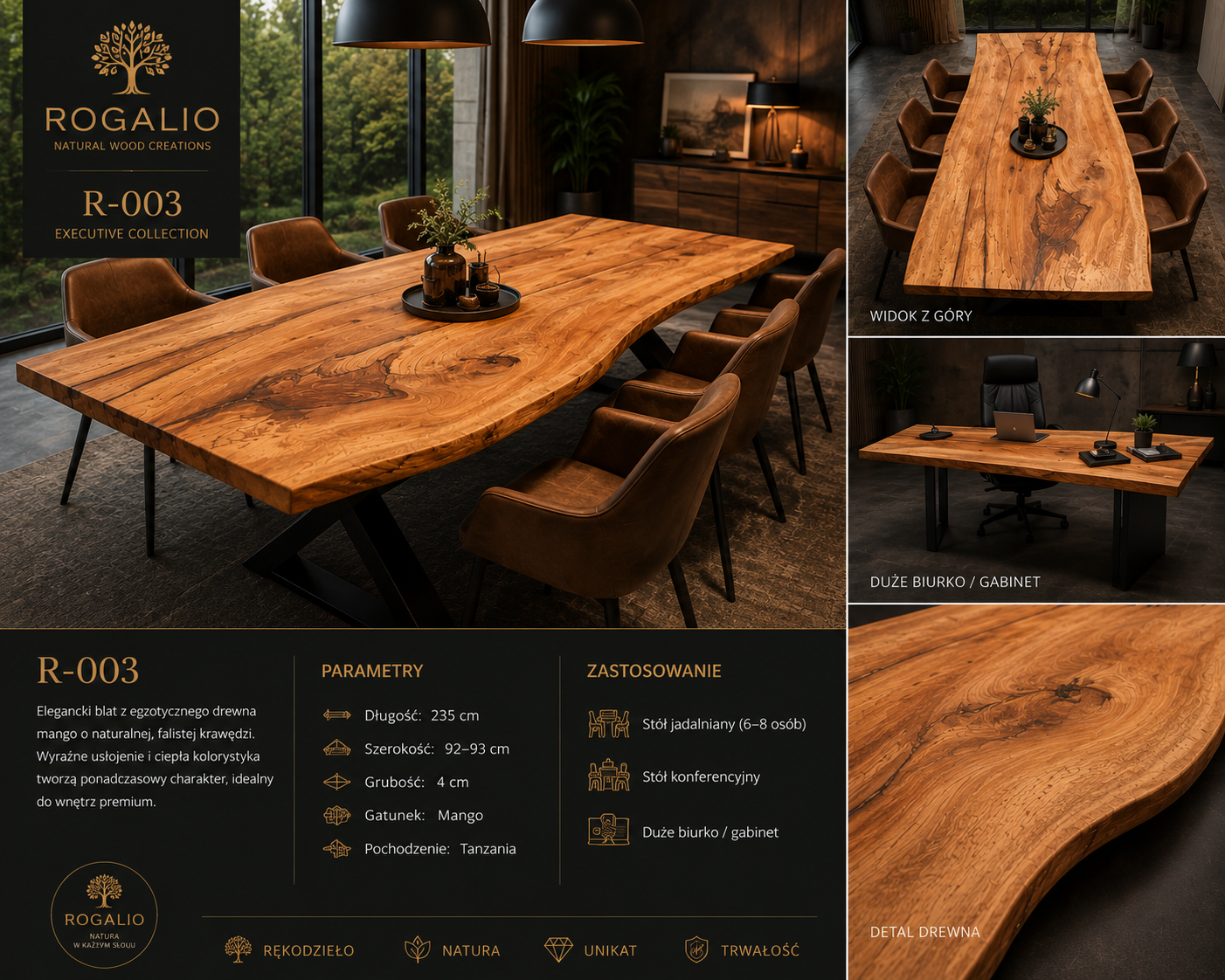 R-003 Clasczny Elegancki Duży blat na stół, biurko z MANGO Executive