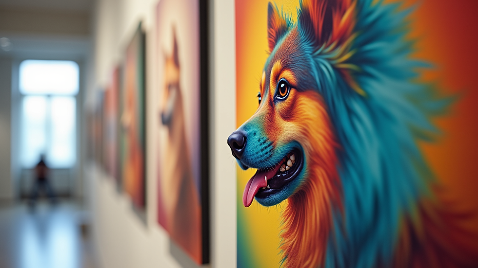Close-up view of a vibrant, colourful pet portrait on a gallery wall