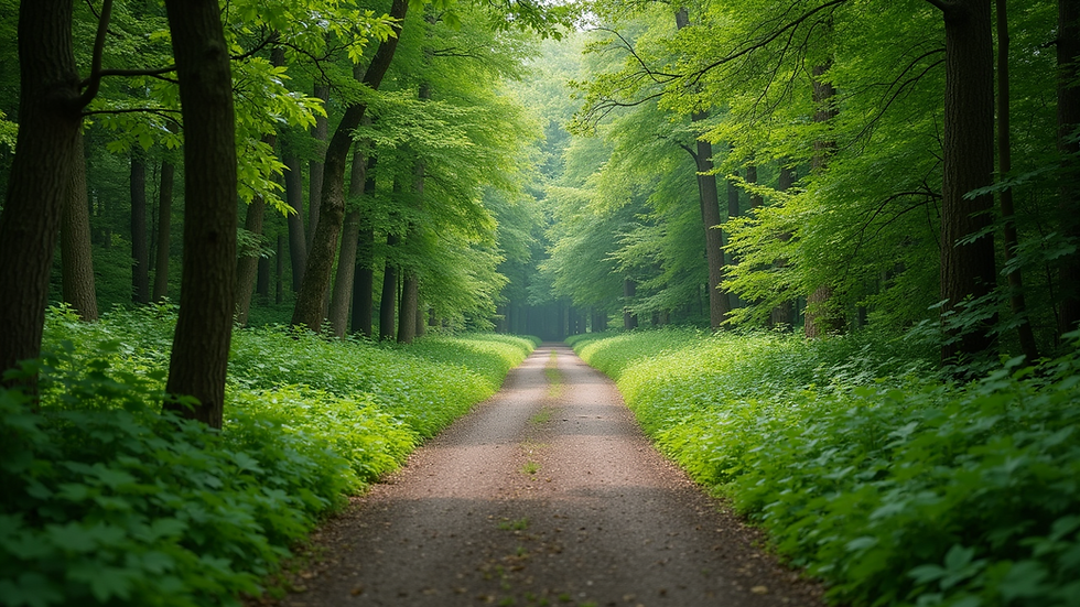 High angle view of a peaceful forest path surrounded by trees