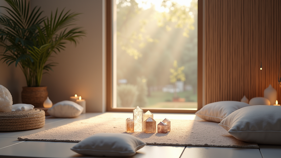 High angle view of a peaceful meditation space with crystals and soft lighting