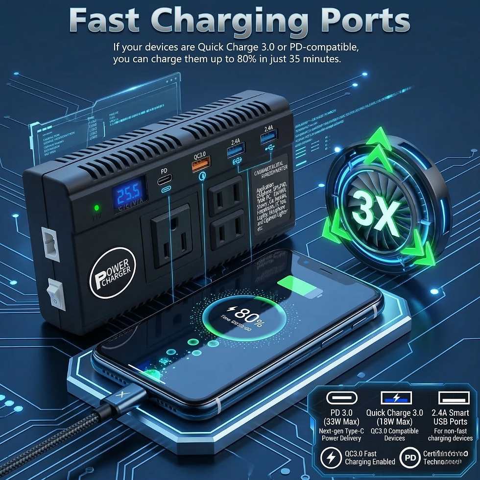 Thumbnail: 120W Car Power Inverter 12V/24V to 110V AC – 3 AC Outlets, 4 USB Ports, PD Type