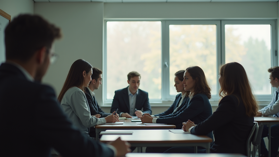Eye-level view of classroom with students engaged in group discussion