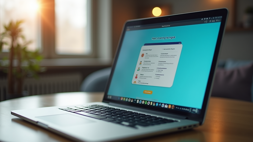 Close-up view of a laptop screen showing an English language learning app