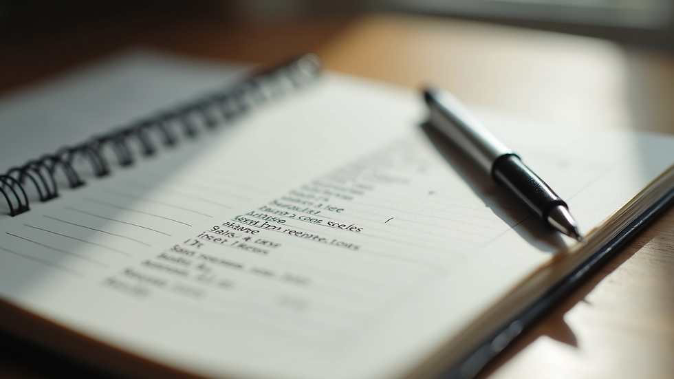 Close-up view of a notebook with English vocabulary words and a pen