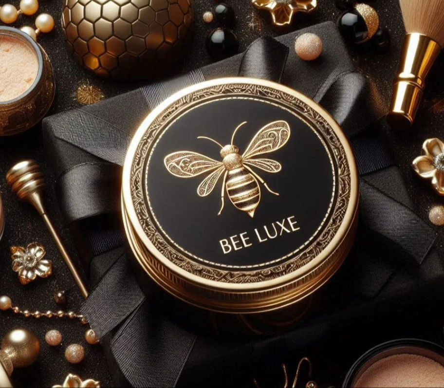 Bee Luxe Honey Body Powder featuring black and gold bee emblem, displayed in an elegant flat lay with honey-inspired accents