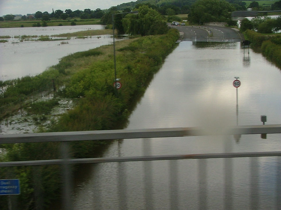 Flood in south Yorkshire, shows road filled with water