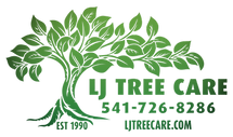 Green tree logo with text: LJ TreeCare with phone number (541) 726-8286 and website. 