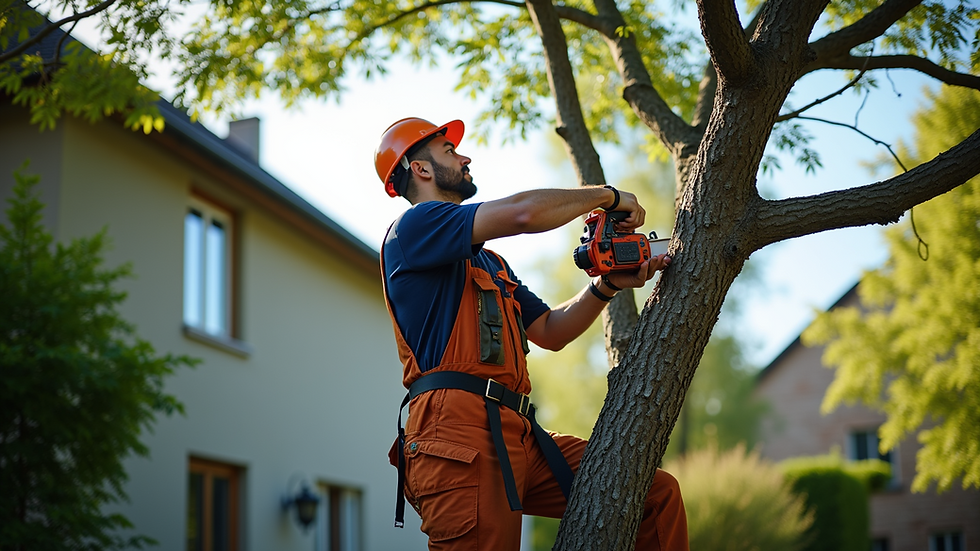 Eye-level view of a tree care specialist trimming branches in a residential yard