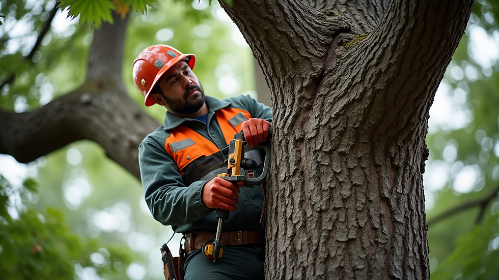 Eye-level view of a professional trimming a large oak tree