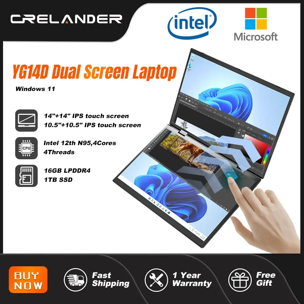 Crelanader YG14D dual screen laptop with Windows 11
