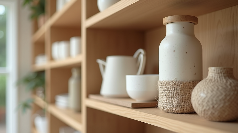 Close-up of eco-friendly decor items on a shelf