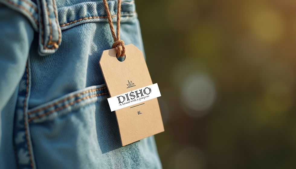 Close-up view of a sustainable clothing tag attached to an eco-friendly garment