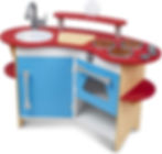 A wooden play kitchen for preschool children.