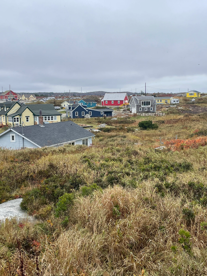 Colorful Houses in the background and grassy, tan brush in the foreground