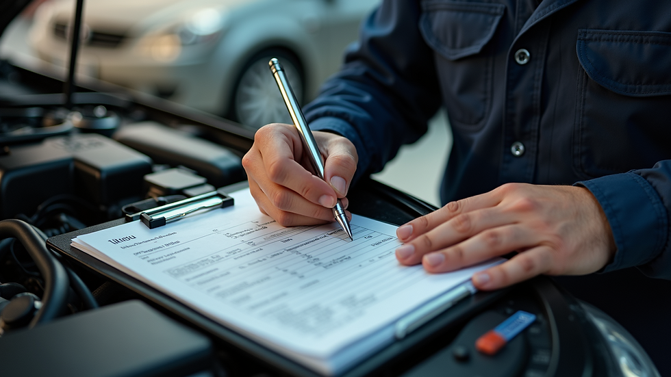 High angle view of a mobile mechanic writing an invoice after car repair