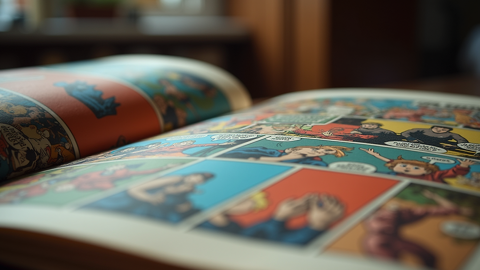Eye-level view of a comic book open to a vibrant page