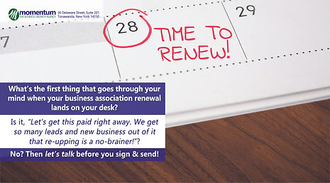 Calendar showing "Time to Renew" on the 28th, Momentum Public Affairs logo.